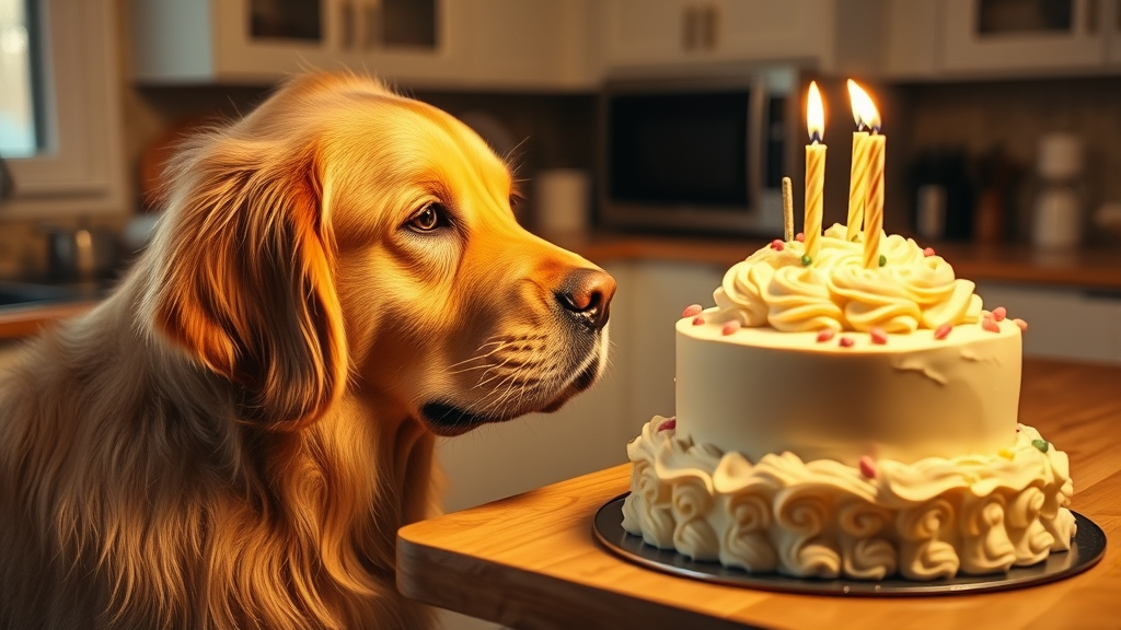 Golden retriever looking longingly at birthday cake on kitchen counter, warm lighting, no text no words no letters