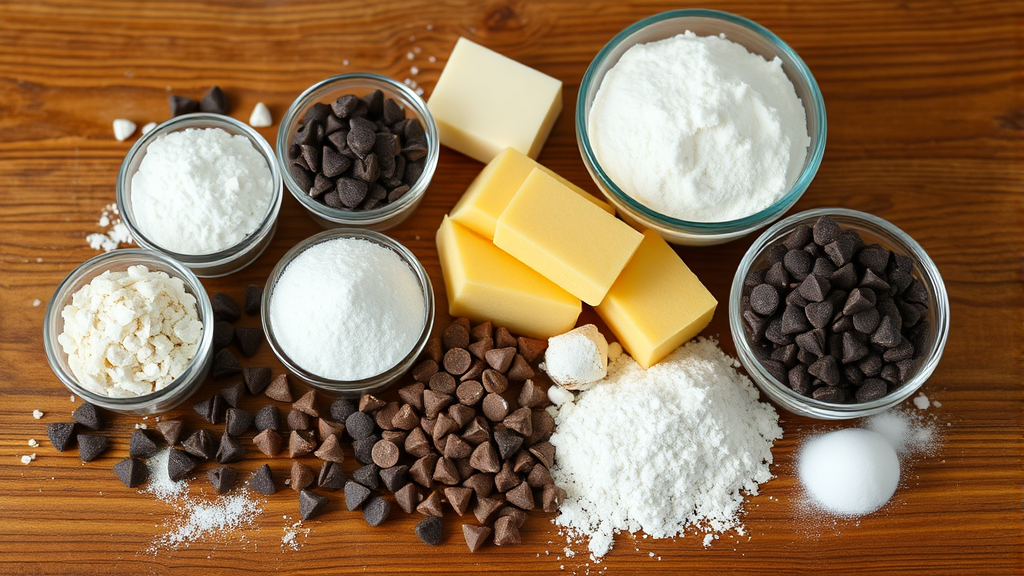 Variety of toxic cake ingredients arranged on wooden surface including chocolate chips and artificial sweeteners, no text no words no letters