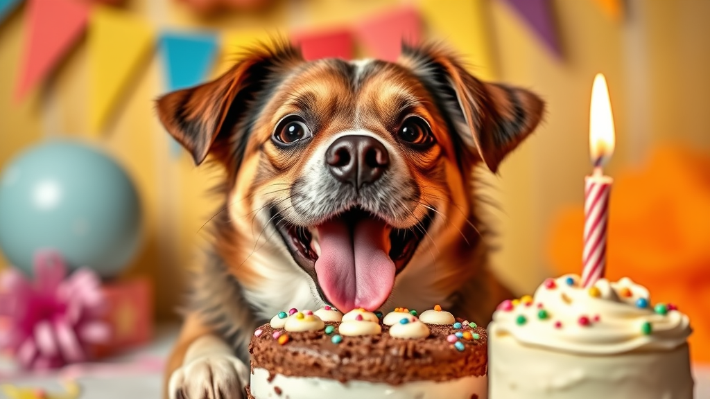 Happy dog enjoying dog-safe pupcake with candle in festive party setting, colorful background, no text no words no letters