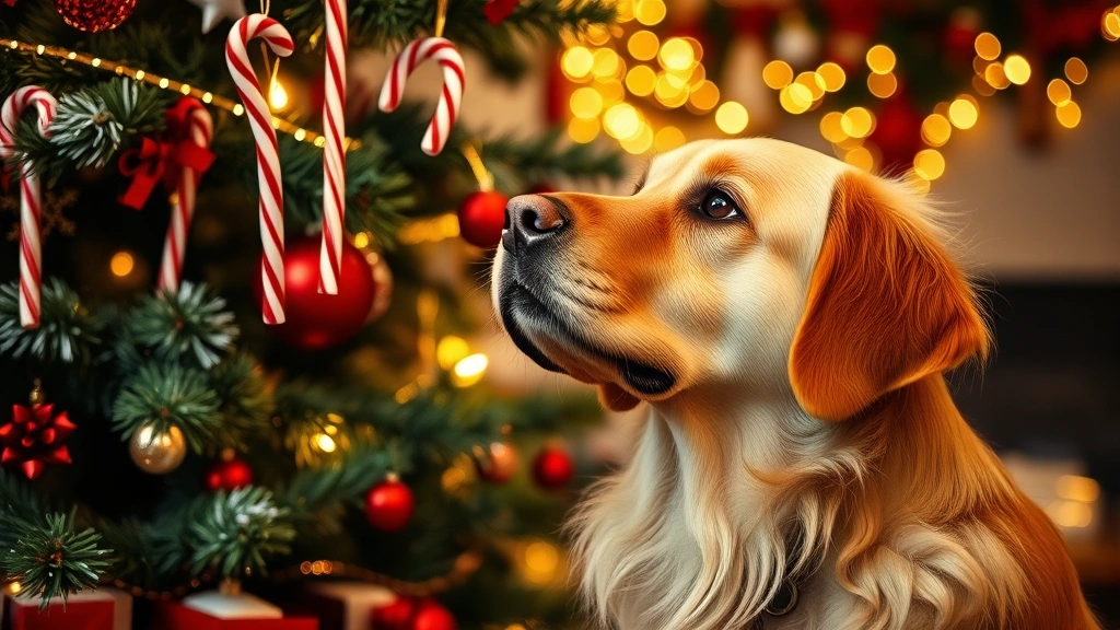 Golden retriever looking up at decorated Christmas tree with red and white candy canes hanging from branches, warm holiday lighting in background