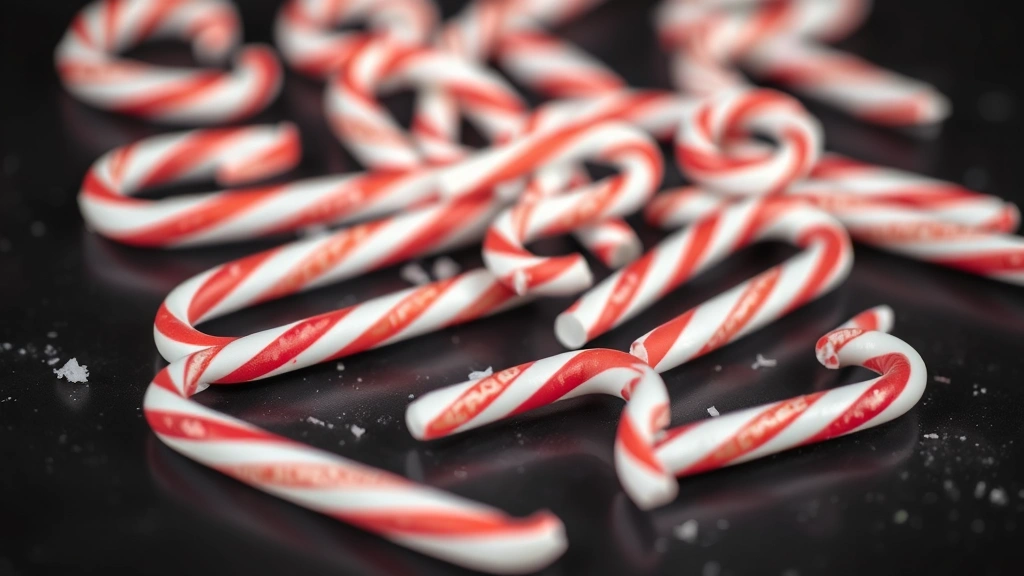 Close-up of various candy canes scattered on dark surface, showing red and white striped patterns and peppermint texture in natural light