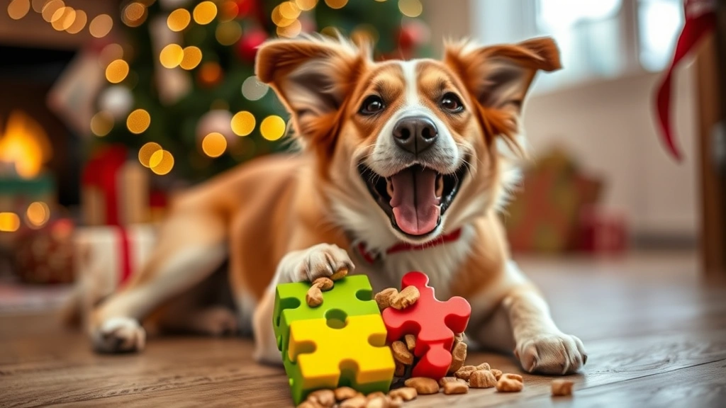 Excited dog playing with colorful puzzle toy filled with treats during holiday celebration, festive decorations blurred in background