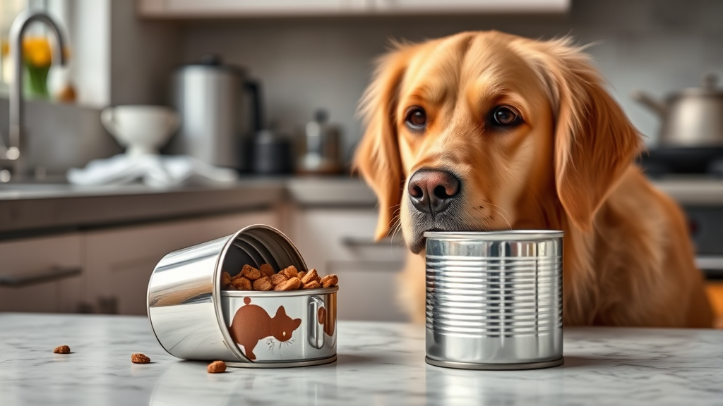 Golden retriever dog looking at open can of wet cat food on kitchen counter, curious expression, no text no words no letters