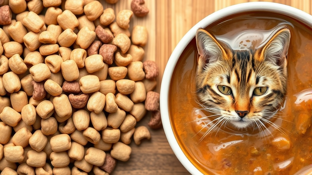 Close up comparison of dog kibble and wet canned cat food in separate bowls, nutritional difference visual, no text no words no letters