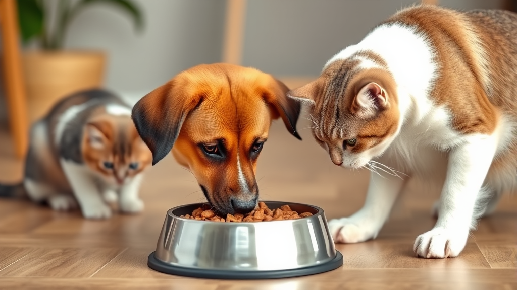 Happy healthy dog eating from proper dog food bowl while cat eats separately in background, no text no words no letters