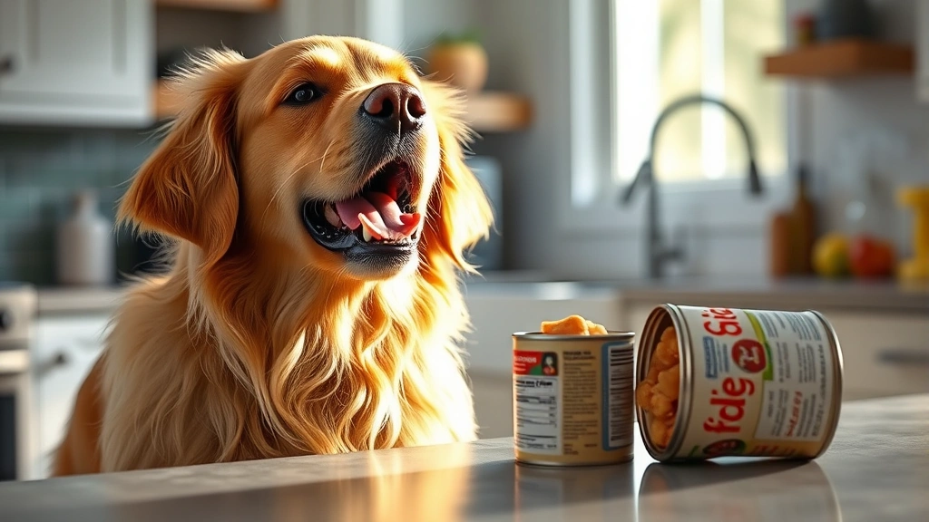 Golden retriever excitedly looking at an opened can of chicken on a kitchen counter, morning natural light, photorealistic style