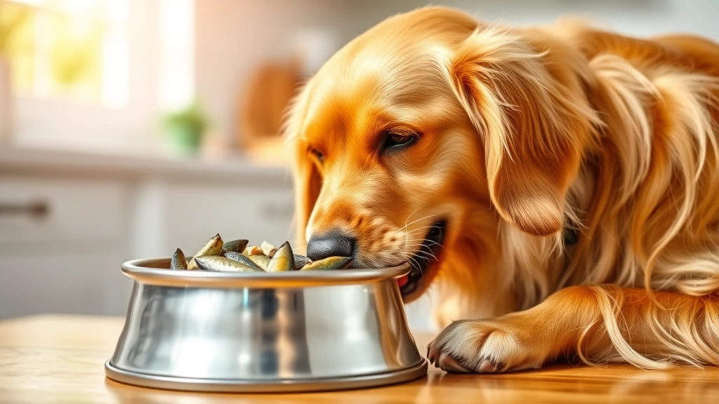 Golden retriever eating from stainless steel bowl with sardine pieces, bright kitchen background