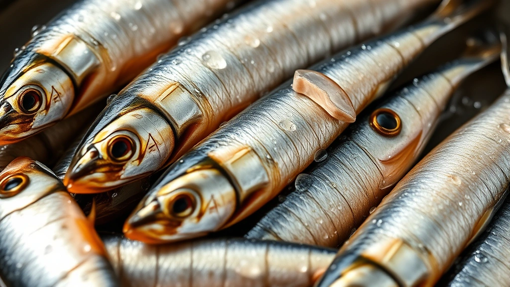 Close-up of canned sardines with water droplets, showing whole small fish in natural lighting, professional food photography style