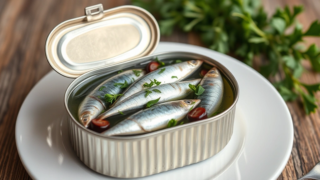 Close-up of opened tin of sardines in water with fresh herbs, white plate nearby