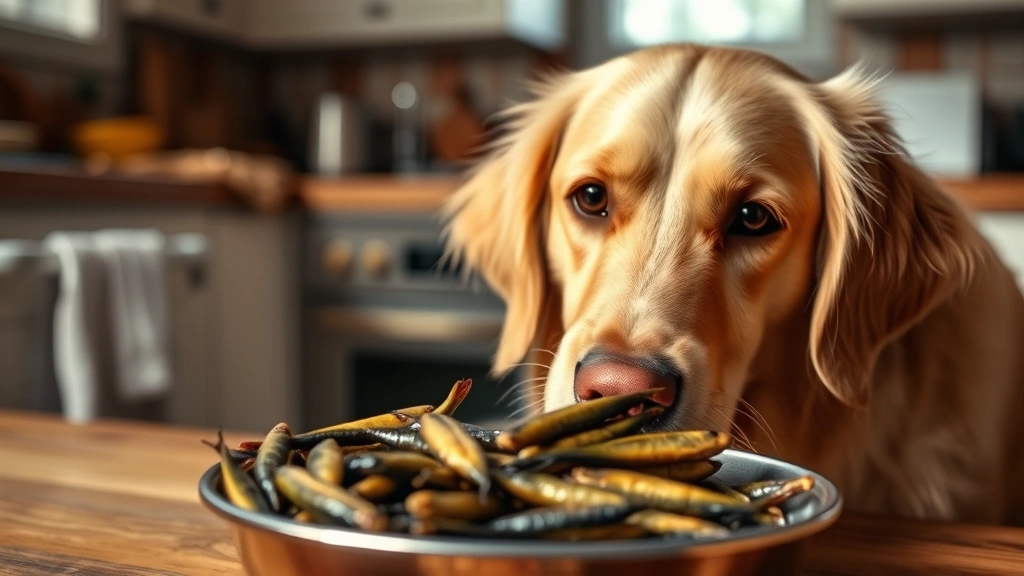 Golden retriever dog looking at bowl of prepared sardines, curious expression, kitchen background, warm natural lighting