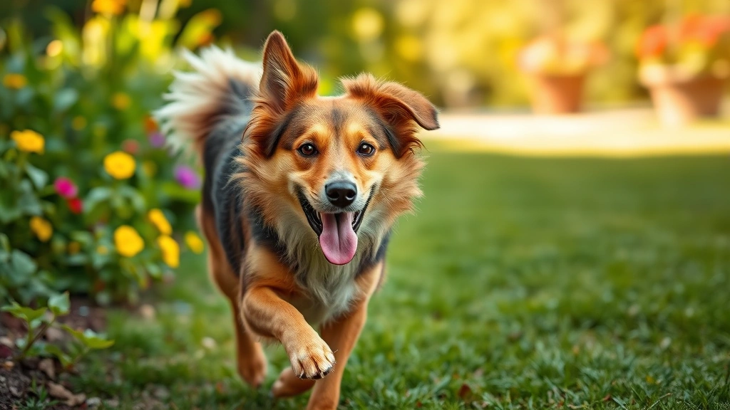 Healthy dog with shiny coat running through garden, vibrant outdoor setting