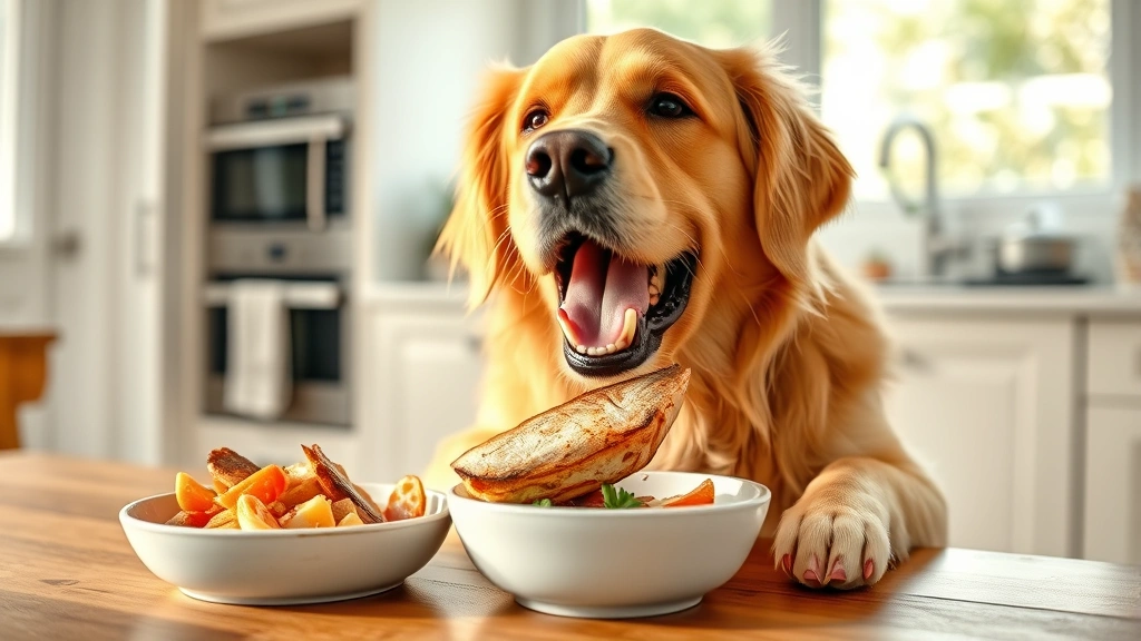 Golden retriever happily eating cooked fish from a bowl in a bright kitchen setting