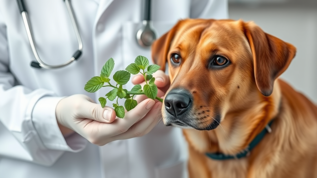 Veterinarian hands holding catnip leaves next to calm brown dog, clinical setting, no text no words no letters