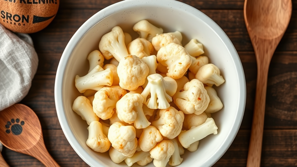 Steamed cauliflower pieces in dog bowl with wooden spoon nearby no text no words no letters