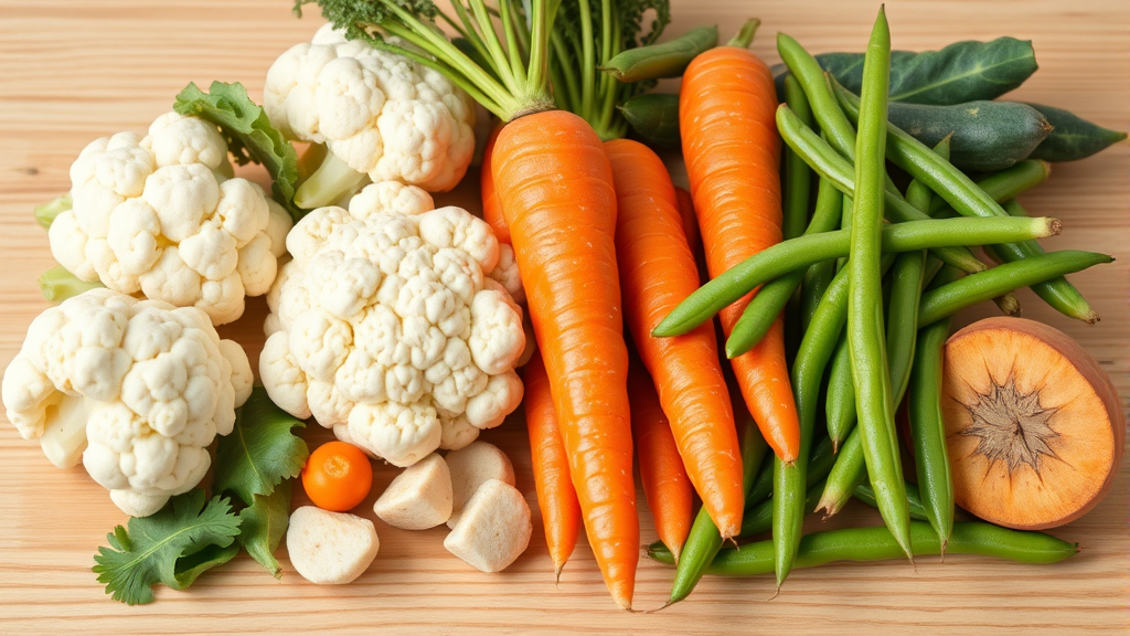 Various dog-safe vegetables including cauliflower carrots and green beans arranged naturally no text no words no letters