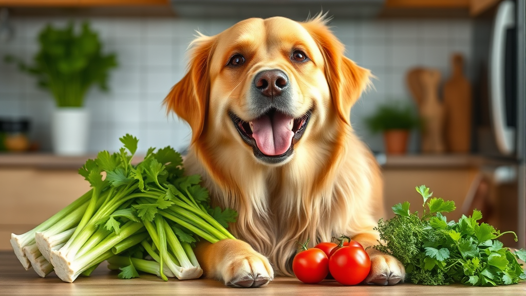 Happy golden retriever dog with fresh celery stalks and vegetables in bright kitchen setting no text no words no letters