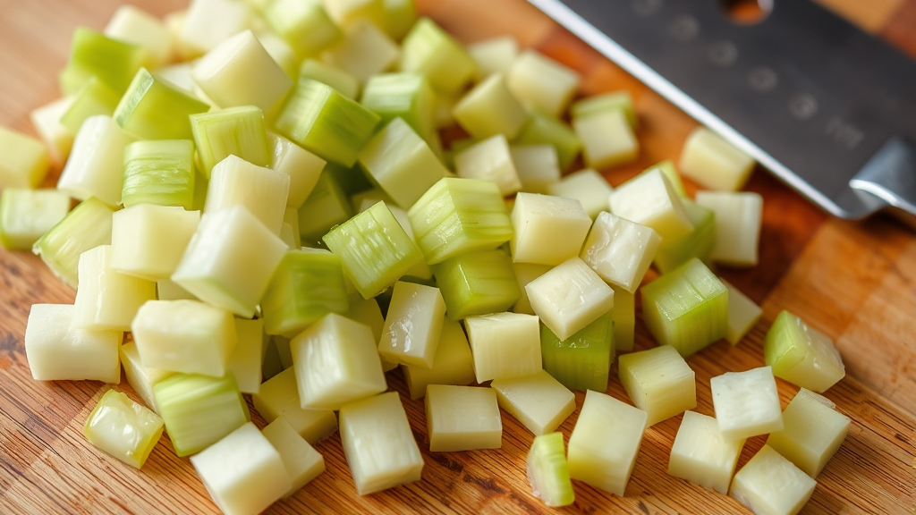 Close up of properly prepared diced celery pieces on wooden cutting board with knife no text no words no letters