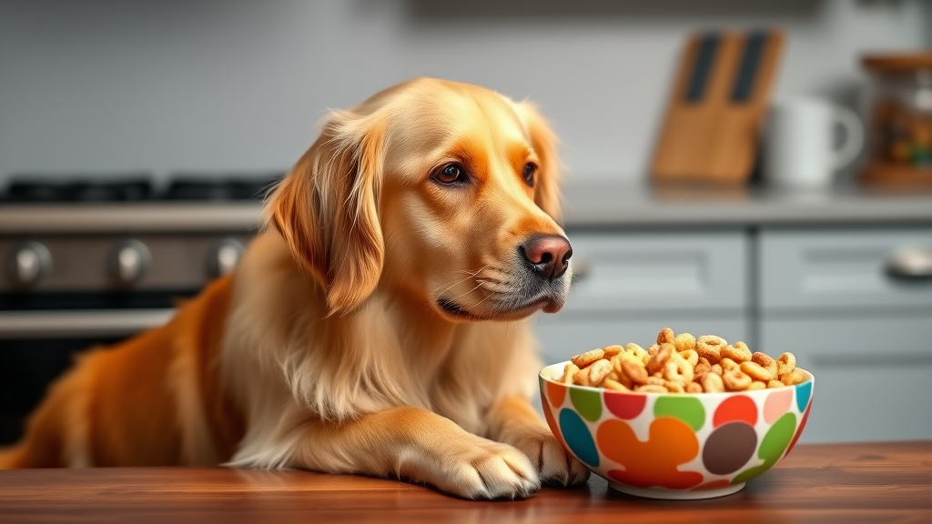 Golden retriever sitting next to colorful bowl of cheerios cereal on kitchen counter, no text, no words, no letters
