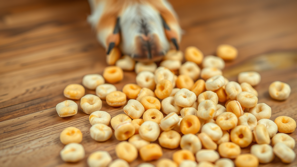 Close-up of cheerios scattered on wooden surface with dog paw nearby, no text, no words, no letters