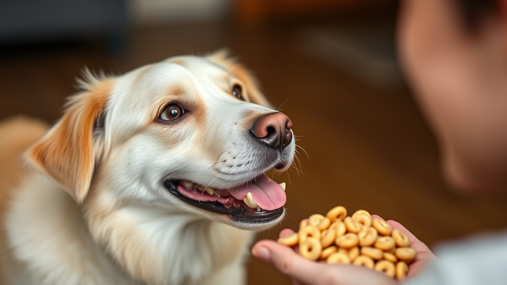 Happy dog looking at owner holding small handful of plain cheerios, no text, no words, no letters