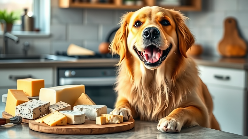 Happy golden retriever dog with various cheese types arranged nearby on kitchen counter, warm lighting, no text no words no letters