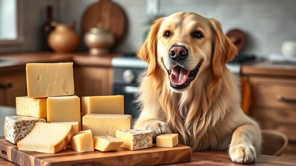 Happy golden retriever sitting next to various cheese blocks on wooden cutting board, kitchen background, natural lighting, no text, no words, no letters