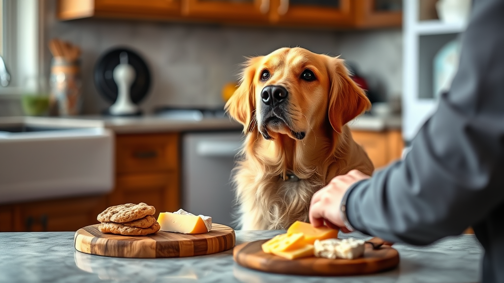 Golden retriever sitting beside cheese platter looking expectantly at owner, kitchen setting, warm lighting, no text no words no letters