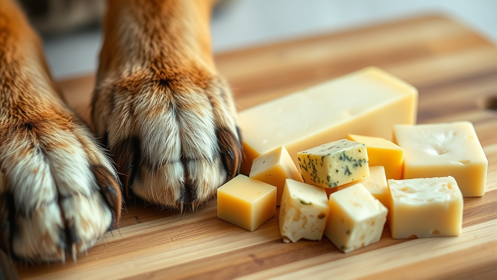 Close up of dog paws next to small cubes of different aged cheeses on wooden cutting board, natural lighting, no text no words no letters
