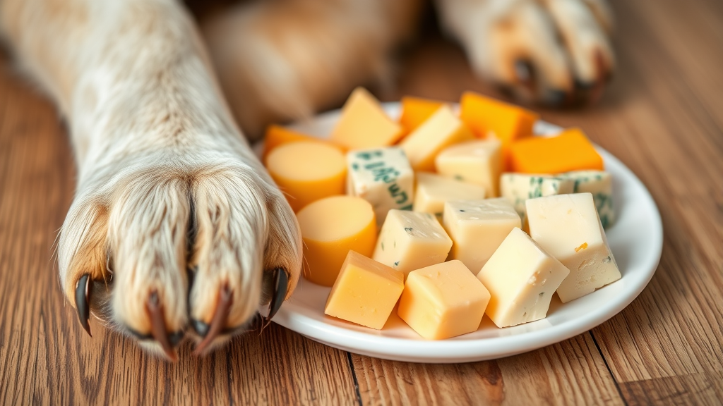 Close up of dog paws near small cubes of different types of cheese arranged on white plate, no text, no words, no letters