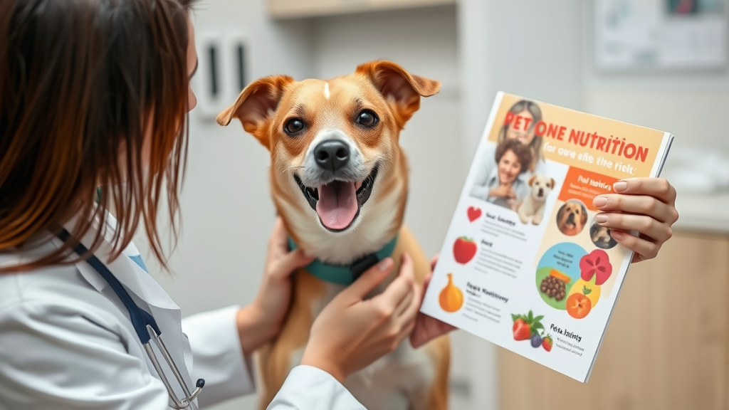 Veterinarian examining friendly dog while holding educational materials about pet nutrition and safety, clinic setting, no text no words no letters