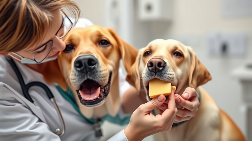 Veterinarian examining friendly labrador while holding cheese sample, clinic setting, professional atmosphere, no text, no words, no letters