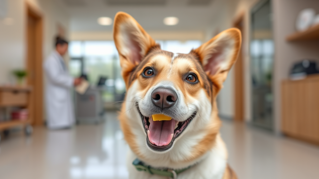 Happy healthy dog with small cheese treat, veterinarian consultation scene, modern clinic setting, professional atmosphere, no text no words no letters