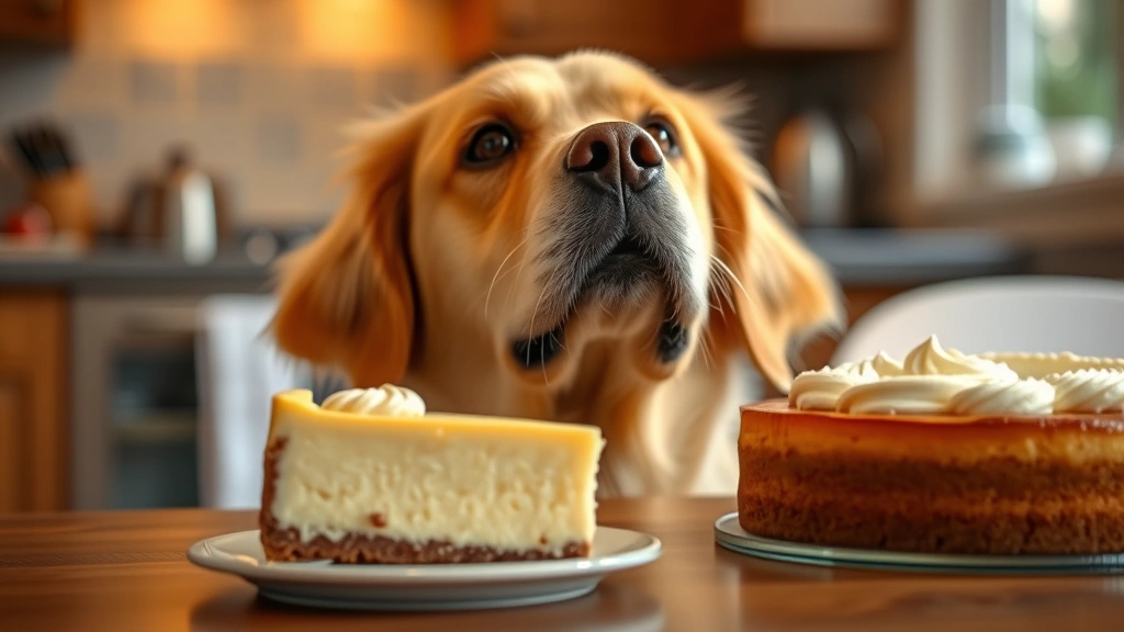 Golden Retriever looking up at a slice of cheesecake on a table, interested expression, warm kitchen lighting, shallow depth of field