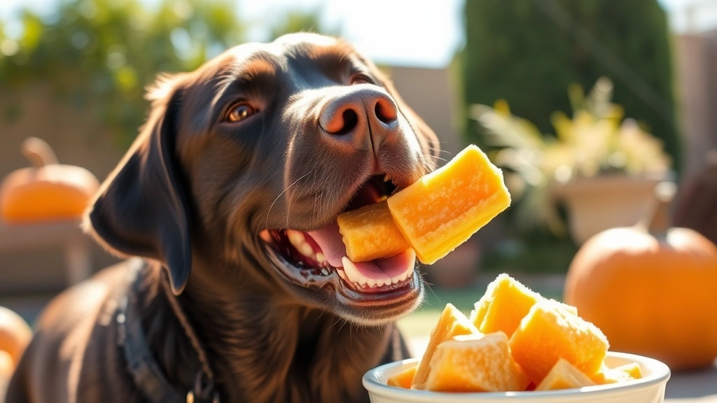 Happy Labrador enjoying a frozen pumpkin treat from a bowl, excited expression, bright natural sunlight, outdoor garden background