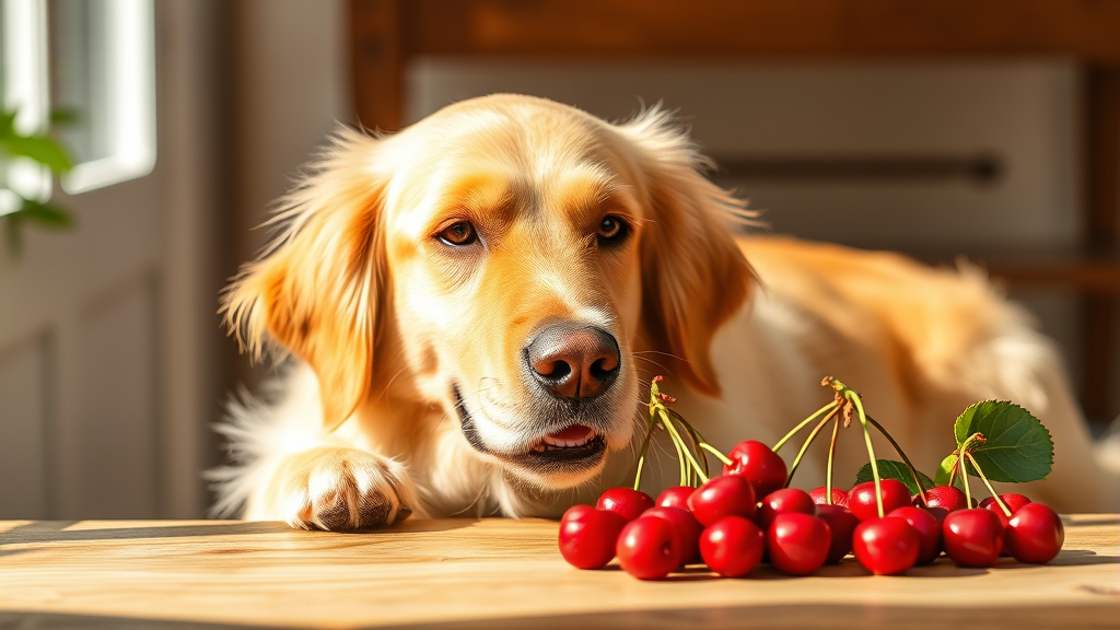 Golden retriever sitting beside fresh red cherries on wooden table, natural lighting, no text no words no letters