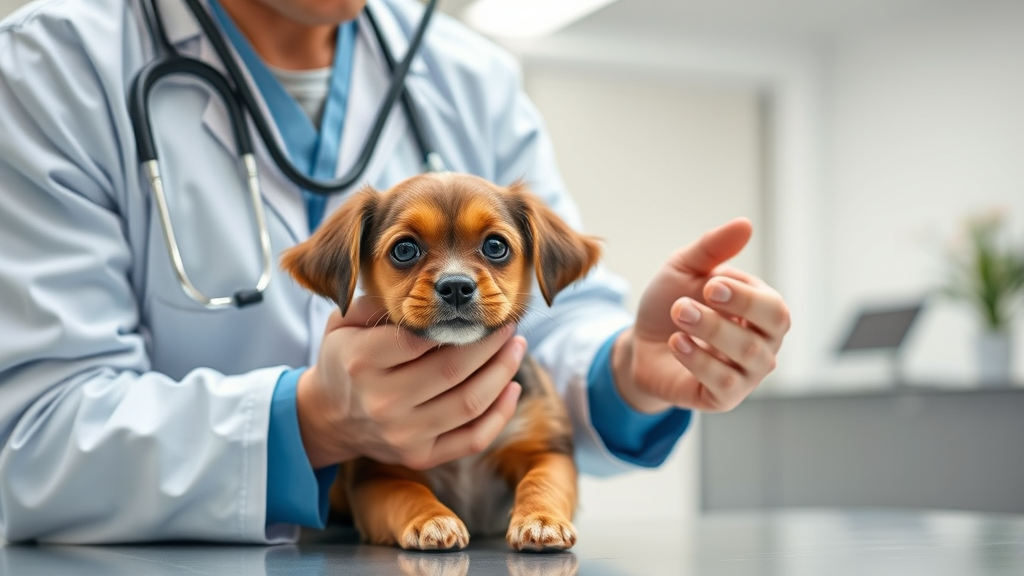 Veterinarian examining small dog with stethoscope in modern clinic setting, professional medical care, no text no words no letters