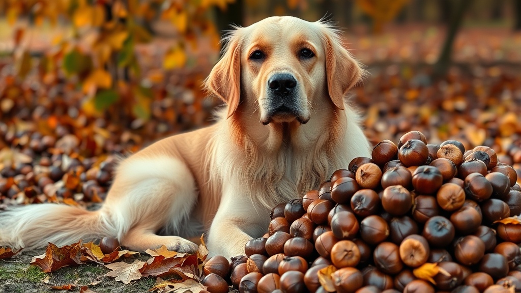 Golden retriever sitting beside pile of glossy brown sweet chestnuts on autumn leaves, warm natural lighting, no text no words no letters