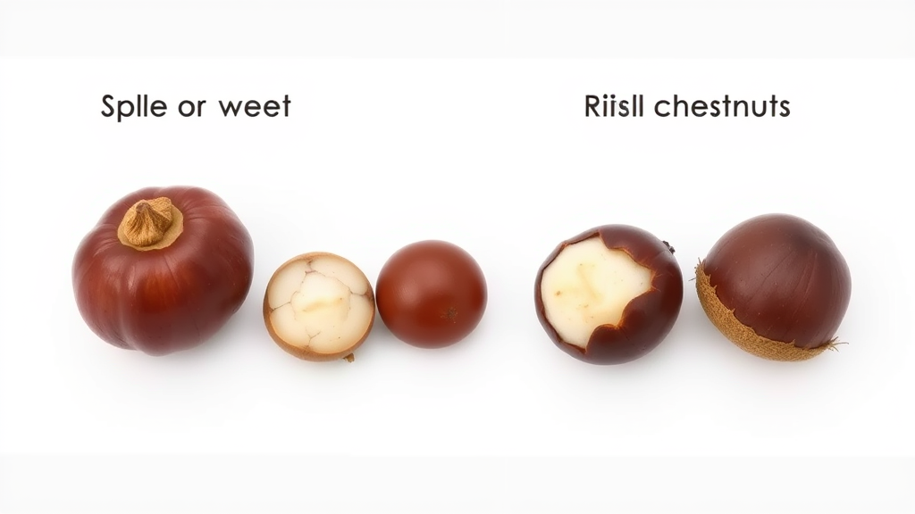 Comparison of sweet chestnuts and horse chestnuts side by side showing size and color differences, clean white background, no text no words no letters