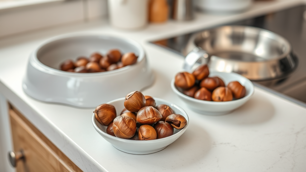 Cooked peeled chestnuts in small portions next to dog bowl on kitchen counter, soft indoor lighting, no text no words no letters