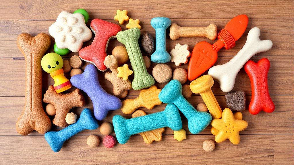 Various safe dog chew toys and treats arranged on wooden surface, colorful and appealing, no text no words no letters