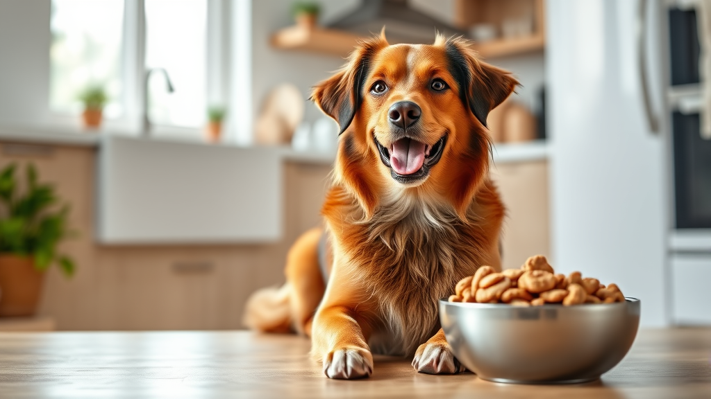 Happy healthy dog with shiny coat sitting beside bowl of natural treats in bright kitchen, no text no words no letters
