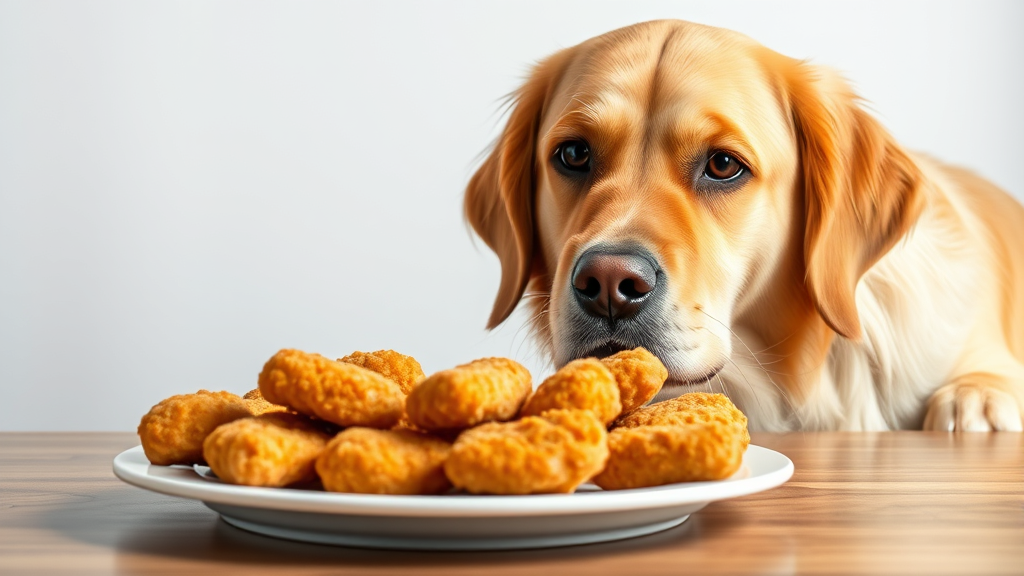 Golden retriever looking at chicken nuggets on plate with concerned expression, no text no words no letters
