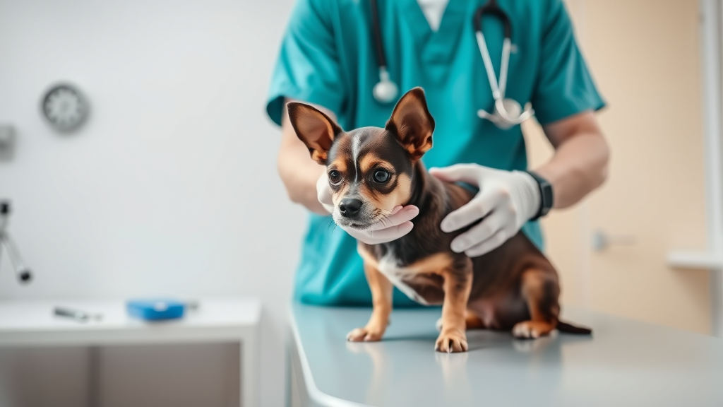 Veterinarian examining small dog on examination table in bright clinic, no text no words no letters