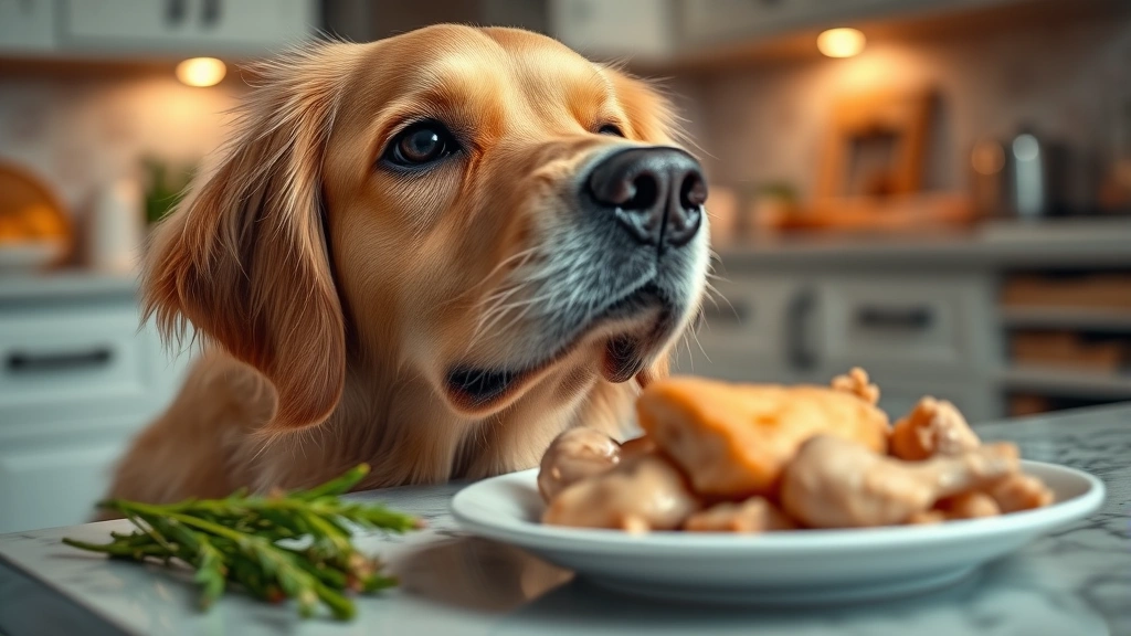 Golden retriever looking eagerly at a plate of cooked chicken on a kitchen counter, photorealistic, professional lighting, close-up of dog's face