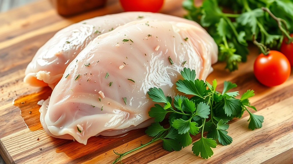 Raw chicken breast with skin attached on a wooden cutting board with fresh herbs and vegetables, photorealistic food photography, bright natural light