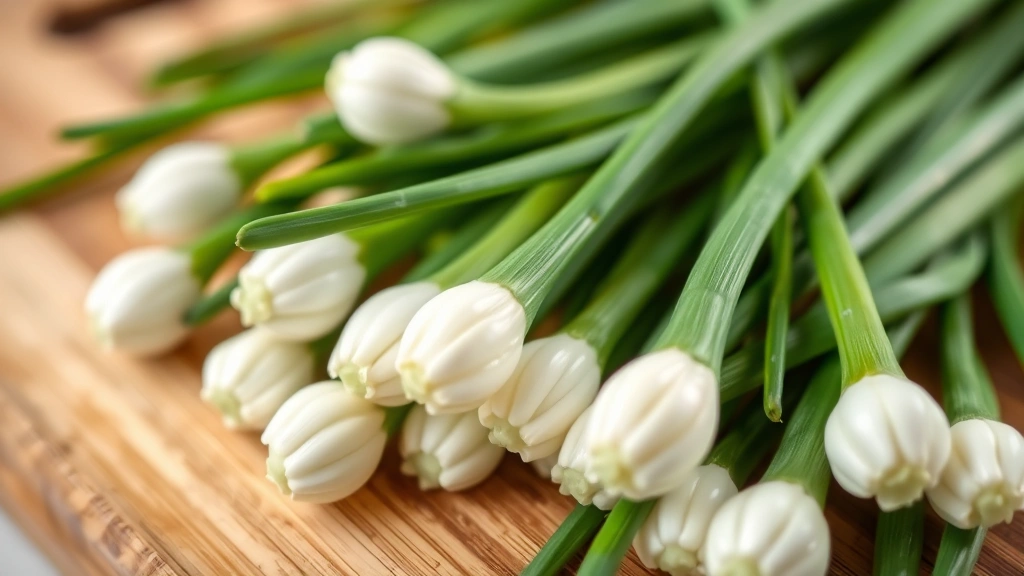 Close-up of fresh green chives with white bulbs on a wooden cutting board, sharp focus on the plant details, natural kitchen lighting