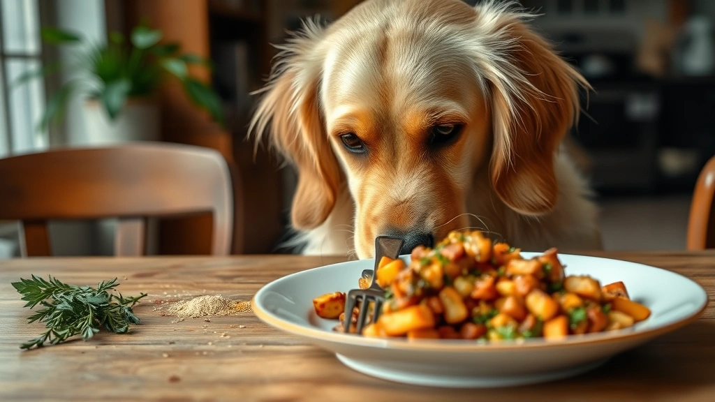 Golden retriever looking at a plate of food on a dining table with herbs and seasonings visible, curious expression, indoor home setting