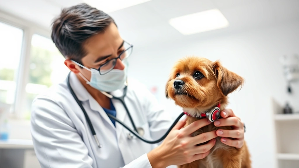 Veterinarian examining a small dog with stethoscope in a bright clinic room, professional medical environment, caring interaction between vet and pet