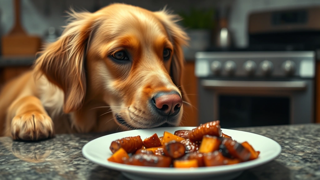Golden Retriever with nose close to a plate of sizzling chorizo on a kitchen counter, looking interested but concerned