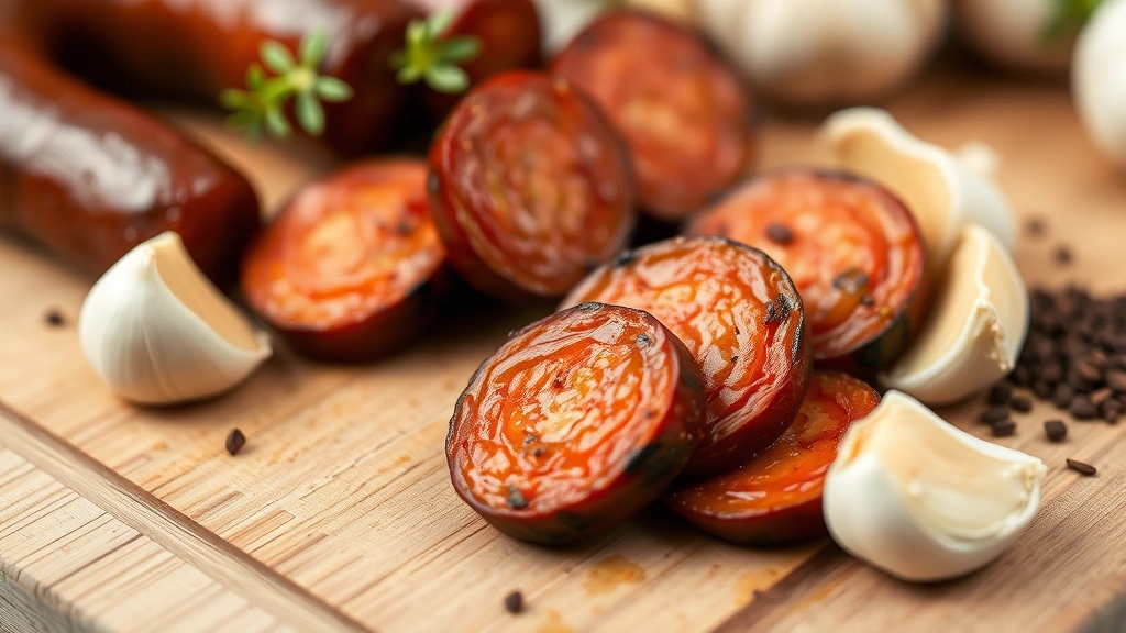 Close-up of cooked chorizo slices on a wooden cutting board with fresh garlic cloves and spices scattered nearby